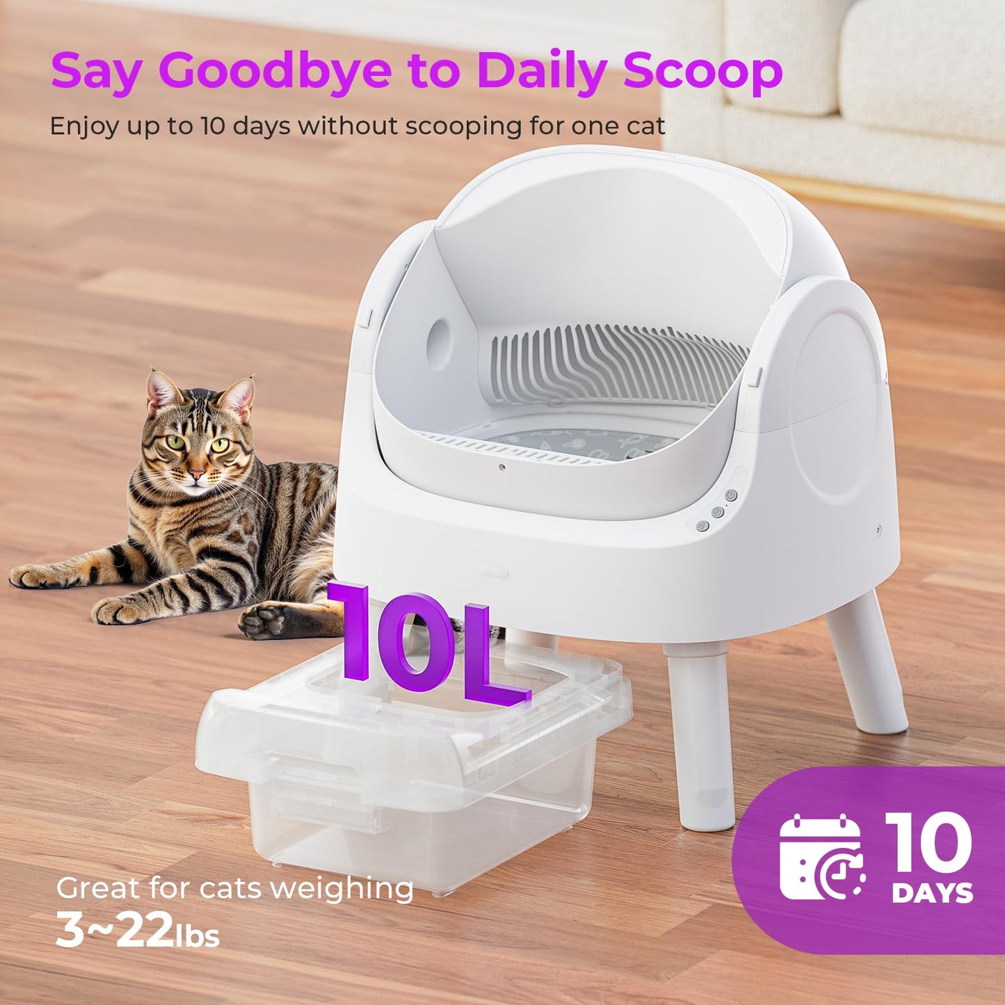 PetPivot Self-Cleaning Cat Litter Box for Multiple Cats - Automatic, Open Top, White with Liners and Mat Included