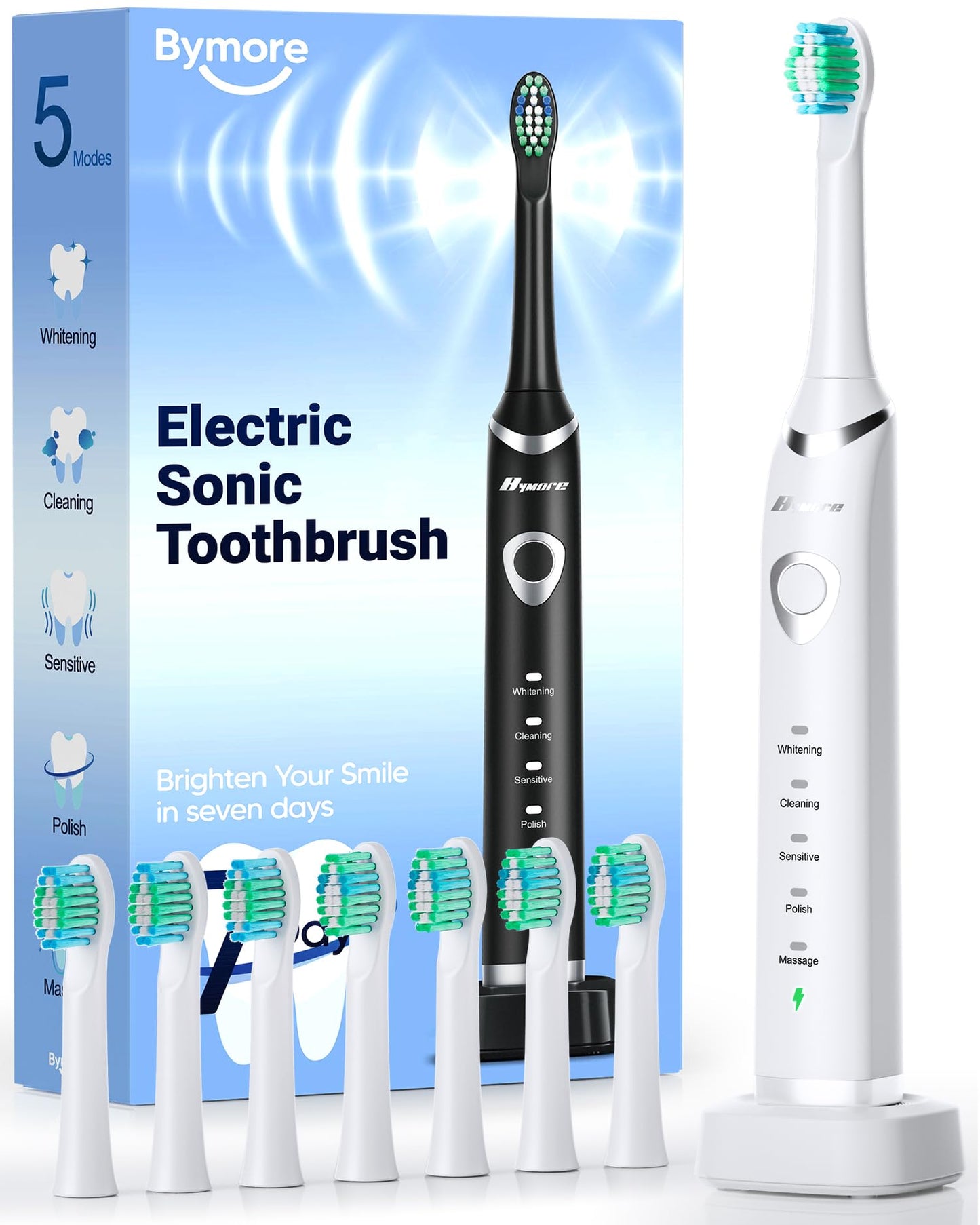 Bymore Electric Toothbrush for Adults,Travel Sonic Toothbrush with 8 Replacement Heads, Ultra Clean RechargeableToothbrush Portable One Charge for 330days 5 Modes 2mins Timer-White