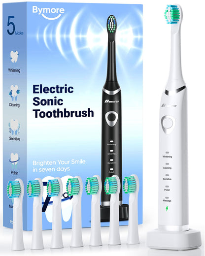 Bymore Electric Toothbrush for Adults,Travel Sonic Toothbrush with 8 Replacement Heads, Ultra Clean RechargeableToothbrush Portable One Charge for 330days 5 Modes 2mins Timer-White