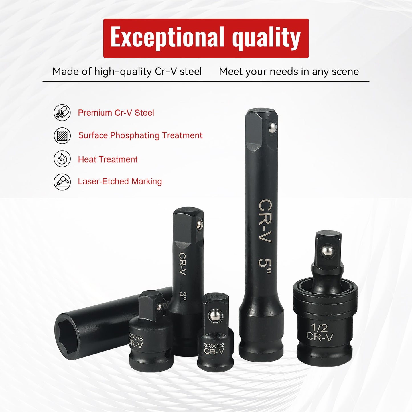 Reniteco 25-Piece 1/2" Drive Socket Set, SAE (3/8"- 1-1/2"), Deep Sockets, Extension Bars, 1/2" F to 3/8" M Reducer,3/8" F to 1/2" M Reducer, Universal Joint, 6 Point Design, Cr-V