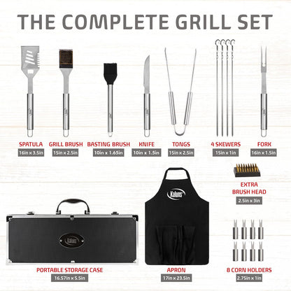 Kaluns Grilling Accessories, Gifts for Men Christmas Grilling Gifts for Dad, Heavy Duty Stainless Steel BBQ Grill Tools Set for Outdoor Grill with Aluminum Case and Apron, Birthday Gifts for Men Dad