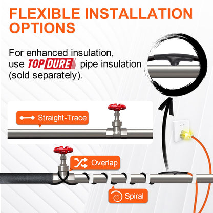 TOPDURE Superior Water Pipe Heat Cable for Pipe Freeze Protection, Self-Regulating Heating Cable for Metal and Plastic Pipes, Energy-Saving Heating Tape for Water Pipes, 40Ft, 120V