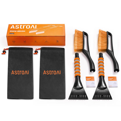 AstroAI 2 Pack 27" Snow Brush and Ice Scrapers for Car Windshield, Detachable Snow Scrapers with Ergonomic Foam Grip for Cars, Trucks, SUVs (Heavy Duty ABS, PVC Brush, Orange)