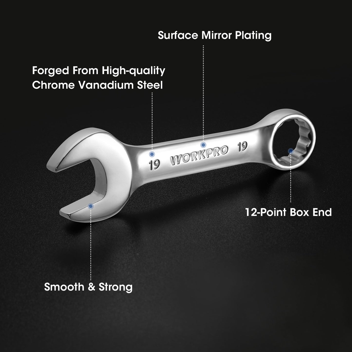 WORKPRO 12-piece Stubby Wrench Set, Metric 8-19mm, Cr-V Steel, Small Combination Wrenches Set with Premium Storage Case