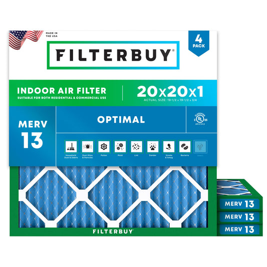 Filterbuy 20x20x1 Air Filter MERV 13 Optimal Defense (4-Pack), Pleated HVAC AC Furnace Air Filters Replacement (Actual Size: 19.50 x 19.50 x 0.75 Inches)