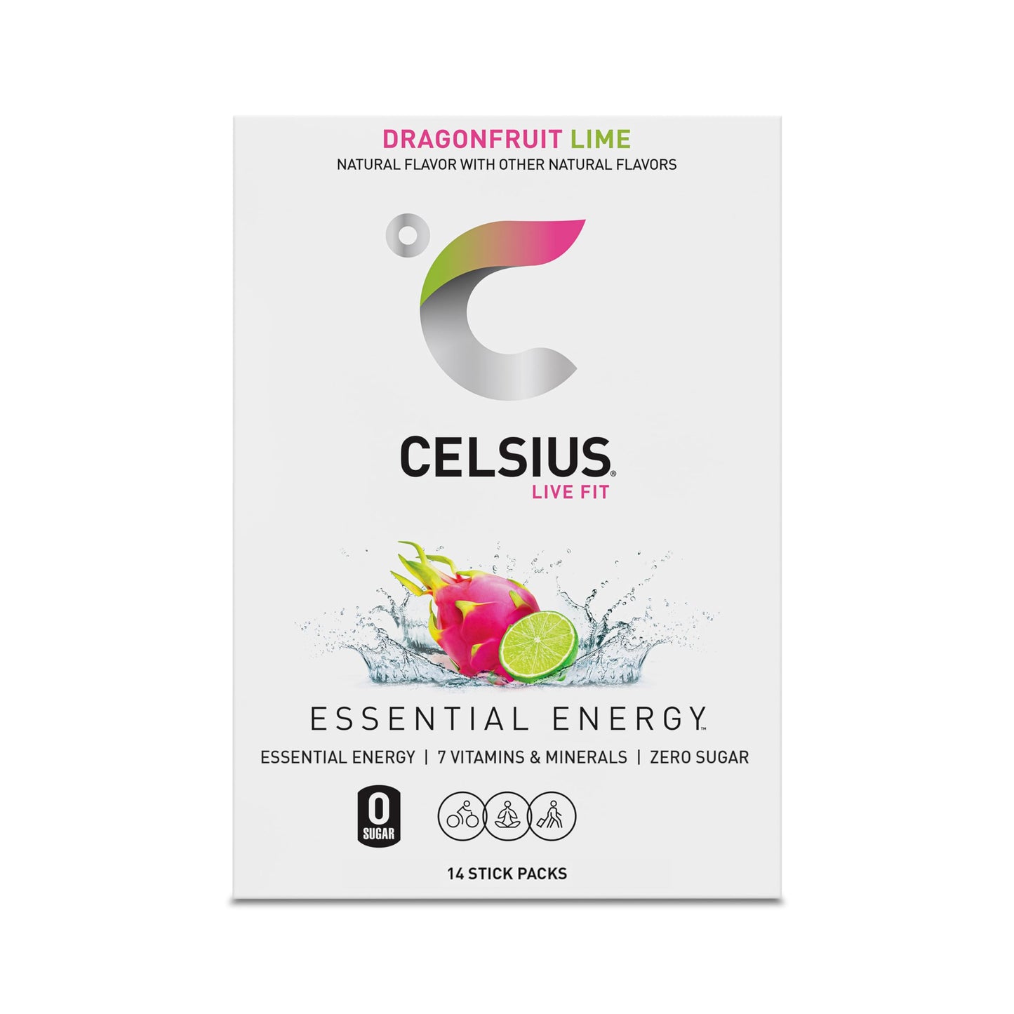 CELSIUS® On-the-Go Powder Sticks Dragonfruit Lime, Essential Energy 2.8 Oz (14 Sticks per Pack)