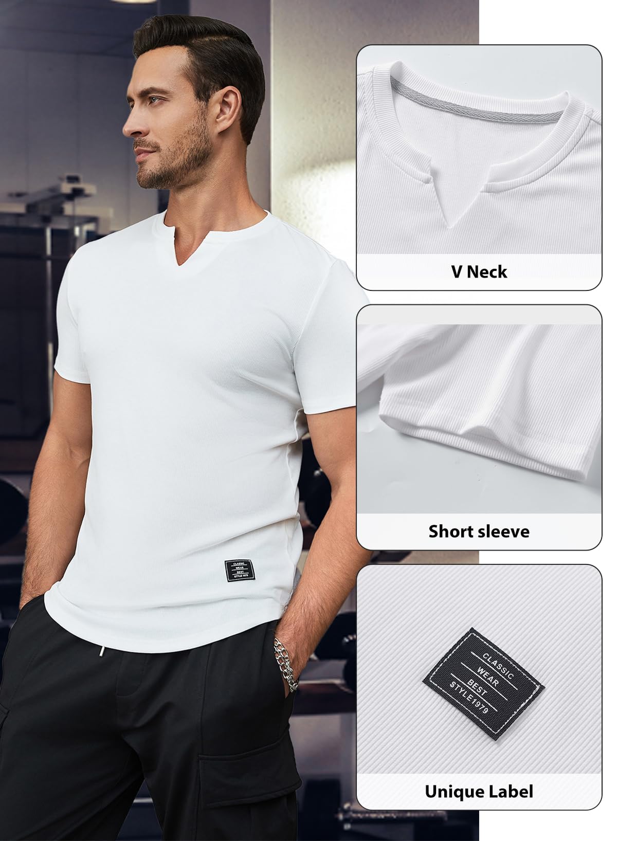 JMIERR Mens 2 Pack V-Neck Muscle Slim Henley Shirt Workout Gym Athletic Shirt Summer Fashion Short Sleeve Shirt for Men, M