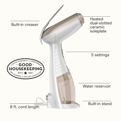 Conair Handheld Garment Steamer for Clothes, Turbo ExtremeSteam 1875W Fabric Steamer, Portable Handheld Design, Strong Penetrating Steam, White/Champagne