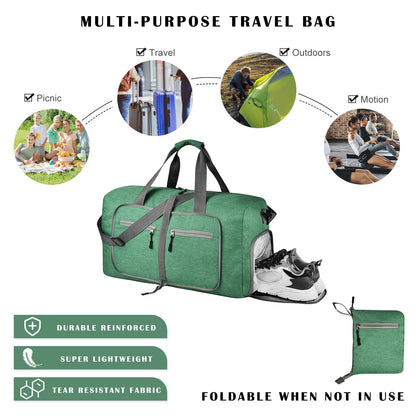 Dimayar 65L Travel Duffle Bag for Men Women - Foldable Duffel Bag with Shoes Compartment - Overnight Bags Waterproof & Tear Resistant(Forest Green)