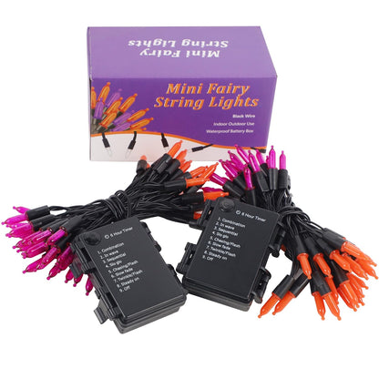 WATERGLIDE 2 Pack 50 LED Outdoor Halloween Lights, 16 FT Mini String Light with 8 Modes, Waterproof Battery Operated Tree Lights for Indoor Outdoor Patio Garden Party Decoration, Orange & Purple