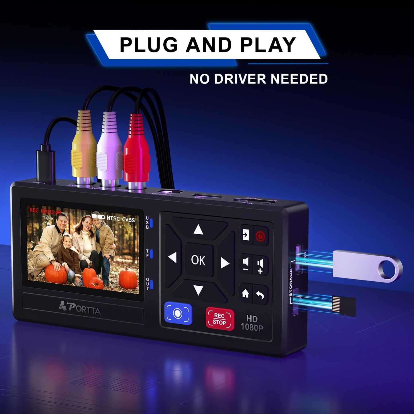 Portta VHS to Digital Converter, Video to Digital Recorder with Remote, Compatible with VHS, VCR, DVR, DVD, Hi8, Mini DV Players, Camcorder, Gaming Consoles (Tapes/DVD Player Not Included)