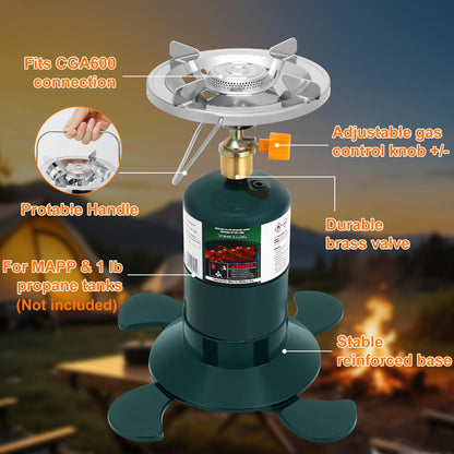 Camping Stove Propane, Portable Backpacking Cooker with Single Burner, Adjustable Flame, Foldable Base, Camp Stove Kit for Outdoor Cooking, Hiking, Emergency Essential (Fuel not Included)