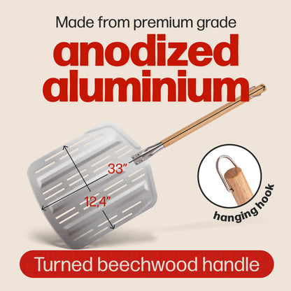 Hans Grill Pizza Peel PRO | Made for XL Pizza 12 inch + | Professional Restaurant Grade Perforated Metal Non-Stick Paddle for launching, turning and retrieving pizzas