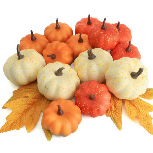 CHEAWRTZ 16PCS Realistic Mini Pumpkin Decor,Fall Decor with Pumpkins Maple Leaves, Artificial Pumpkin Decor for Autumn Filler, Realistic Pumpkin Decorations for Halloween Thanksgiving Fall Home Decor