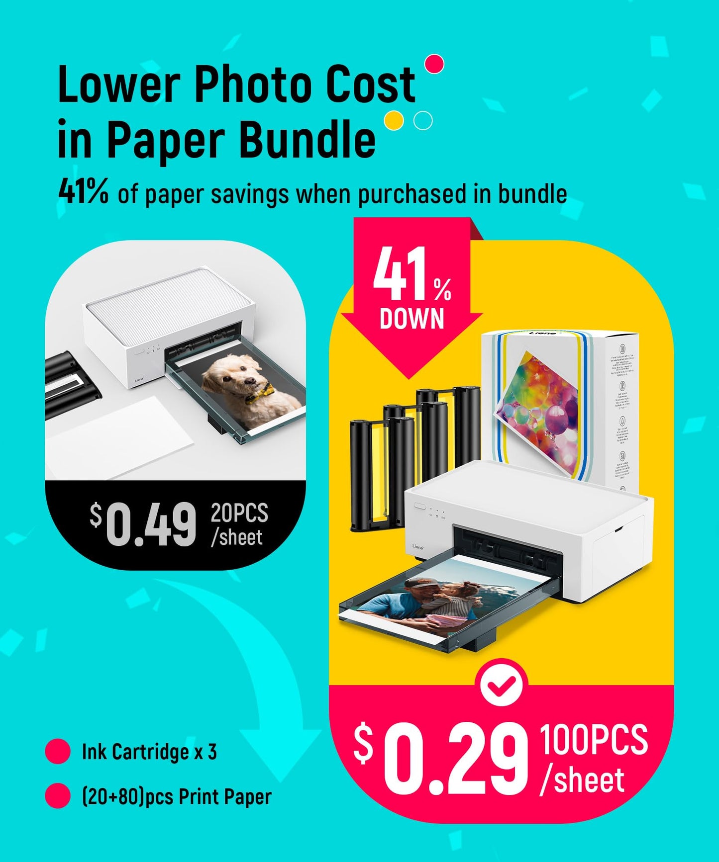 Liene M100 4x6'' Photo Printer, Phone Printer 100 Sheets & 3 Cartridges, Full-Color Photo, Portable Instant Photo Printer for iPhone Android, Thermal Dye Sublimation, Wi-Fi Picture Printer 100 Papers