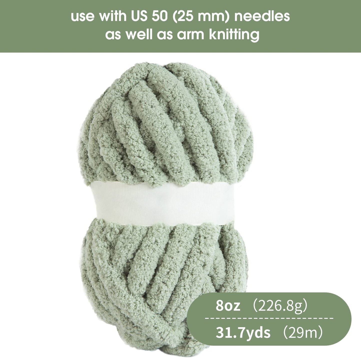 Hombys Sage Green Chunky Chenille Yarn for Crocheting and Knitting, Super Bulky Thick Fluffy Yarn for Hand Knitting Blanket, Soft Plush Yarn, 12 Jumbo Pack (27 yds, 8 oz Each Skein)