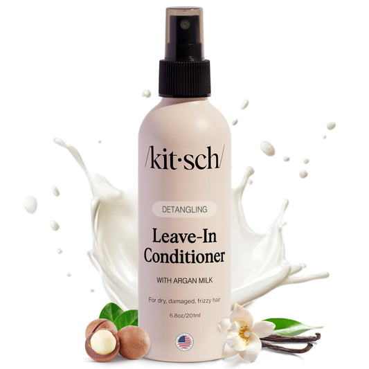 Kitsch Argan Milk Leave In Conditioner Spray – Lightweight Moisturizing Hair Spray for Women and Men - Hair Detangler Spray for Curly, Wavy, Fine, Dry & Damaged Hair - Silicone-Free - 6.8oz