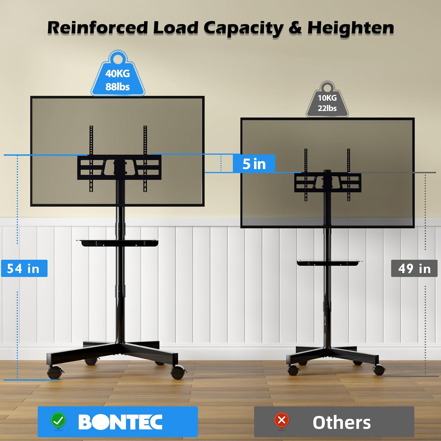 BONTEC Mobile TV Stand with Tilt Function, Rolling TV Stand for 23-60" LED, LCD, OLED TVs, Holds up to 88lbs, Max VESA 400x400mm, Adjustable Media Shelf (Black, 17.1x15.1x53.1 in)