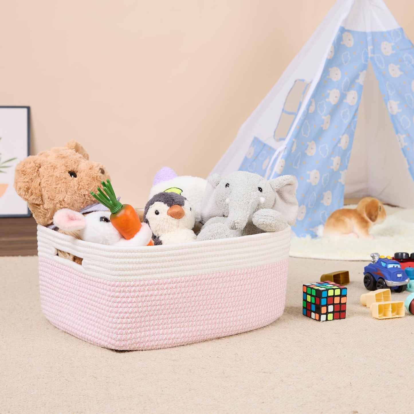 MiniArk Large Storage Baskets for Shelves, Closet Organizers Bins for Clothes Blanket Towels, Baby Nursery, Toy Baskets Box, Woven Rope Baskets, 17 x 13 x 7.5”, 3 Packs Woven Pink