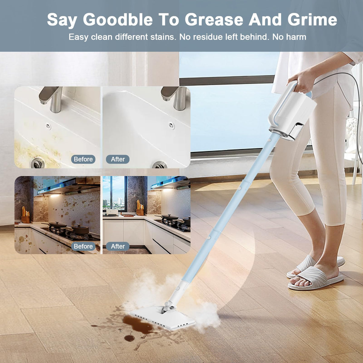 Steam Cleaner, 6 in1 Rotated Steam Mop Cleaner with 2 Modes, 2 Microfiber Pads, 400ML Removable Tank, 23FT Power Cable, Detachable Steam Mops for Floor, Laminate Floor, Tiles Cleaning (Deepwater Blue)