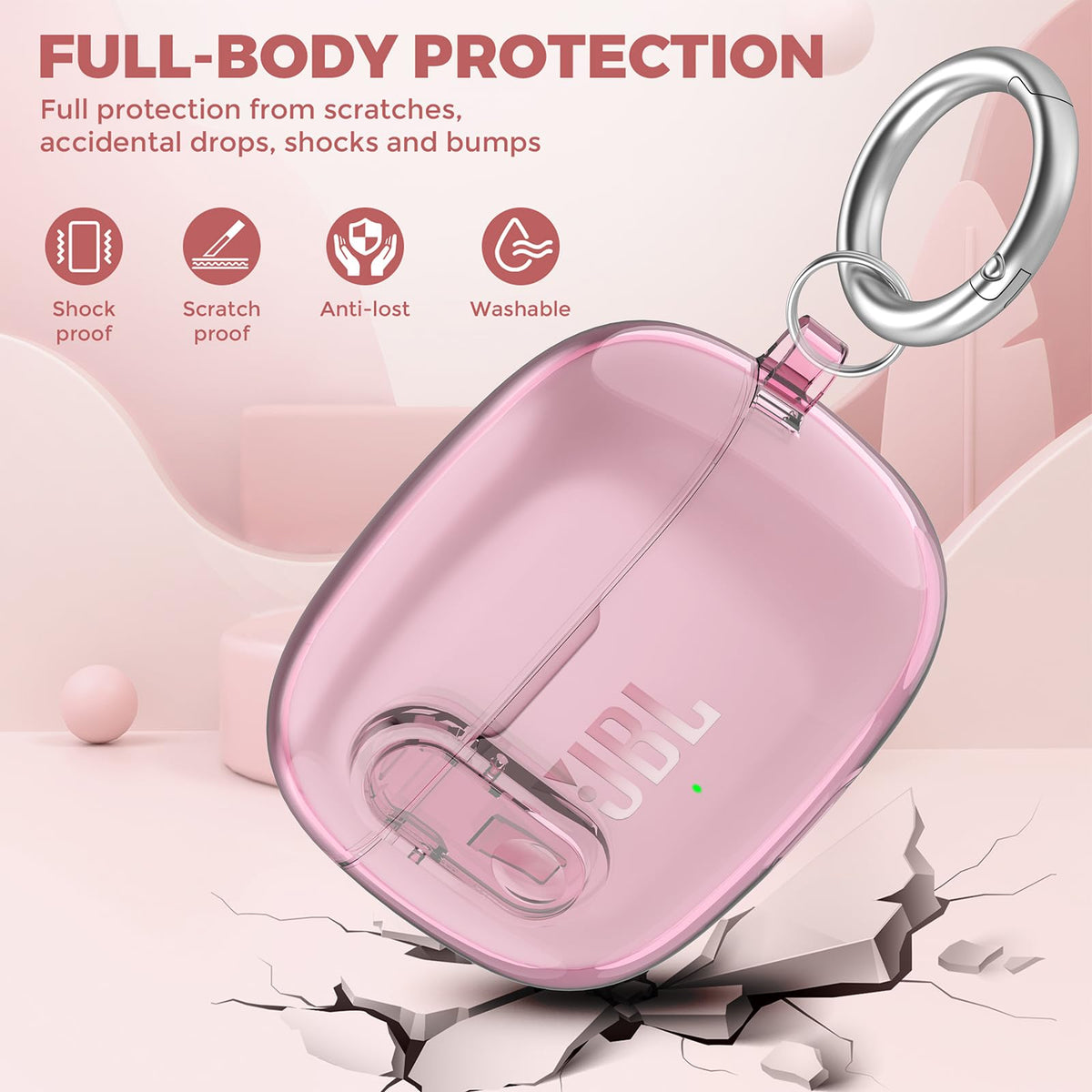 Compatible with JBL Vibe 200TWS/JBL Vibe Beam/Beam 2 Case Cover Clear Lock Clip with Cleaner Kit, Transparent TPU Protective Cover Men Women with Carabiner for JBL Vibe Beam 2 Charging Case - Pink