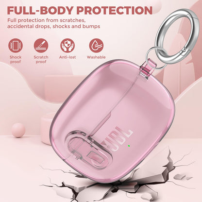 Compatible with JBL Vibe 200TWS/JBL Vibe Beam/Beam 2 Case Cover Clear Lock Clip with Cleaner Kit, Transparent TPU Protective Cover Men Women with Carabiner for JBL Vibe Beam 2 Charging Case - Pink
