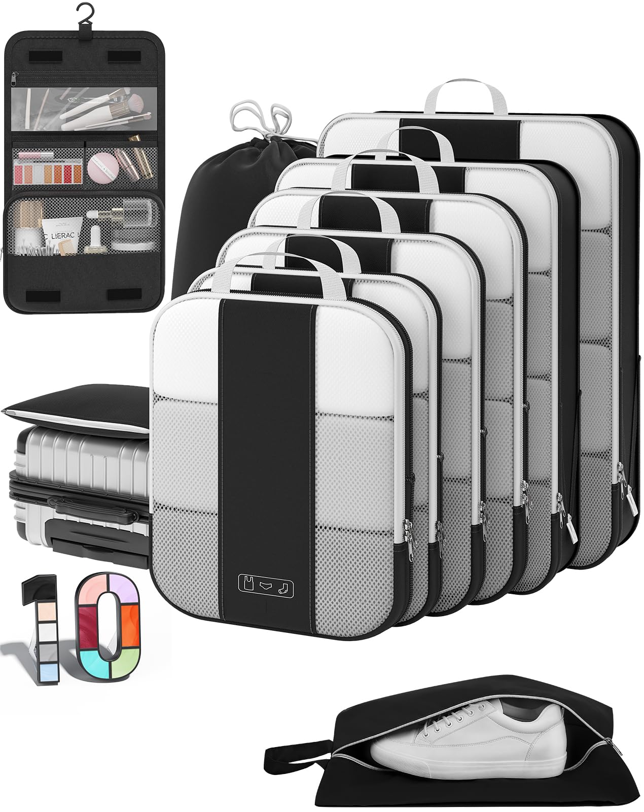10 Set Compression Packing Cubes for Travel Essentials,Compressible Expandable Packing Cubes for Suitcase,OlarHike Luggage Organizer Bags for Travel,Handy Helper for Organizing Clothes(Black)