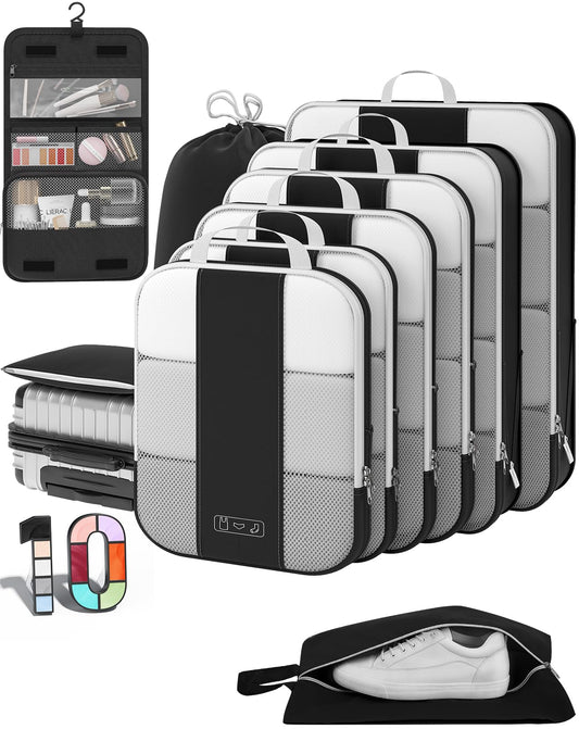 10 Set Compression Packing Cubes for Travel Essentials,Compressible Expandable Packing Cubes for Suitcase,OlarHike Luggage Organizer Bags for Travel,Handy Helper for Organizing Clothes(Black)