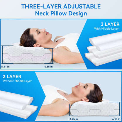 zibroges Sandwich Cervical Neck Pillow Queen Size - Dynamic Memory Foam Pillow for Neck Shoulder Pain Relief, Ergonomic Adjustable Contour Bed Pillow for Side, Back & Stomach Sleepers CertiPUR-US