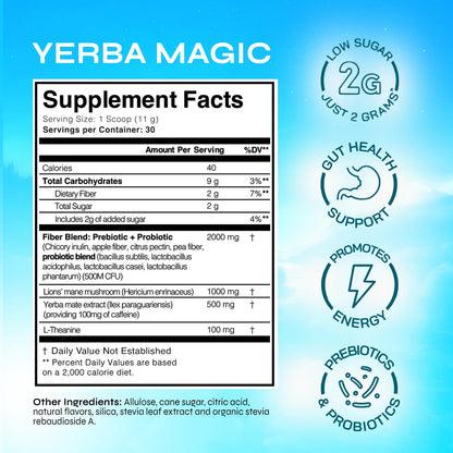 Yerba Magic – Yerba Mate Tea Instant Powder Super Drink with Nootropics, Prebiotics & Probiotics – Clean Energy, Mental Clarity & Gut Wellness | Low Sugar, Natural Caffeine – Peach Mango, 30 Servings