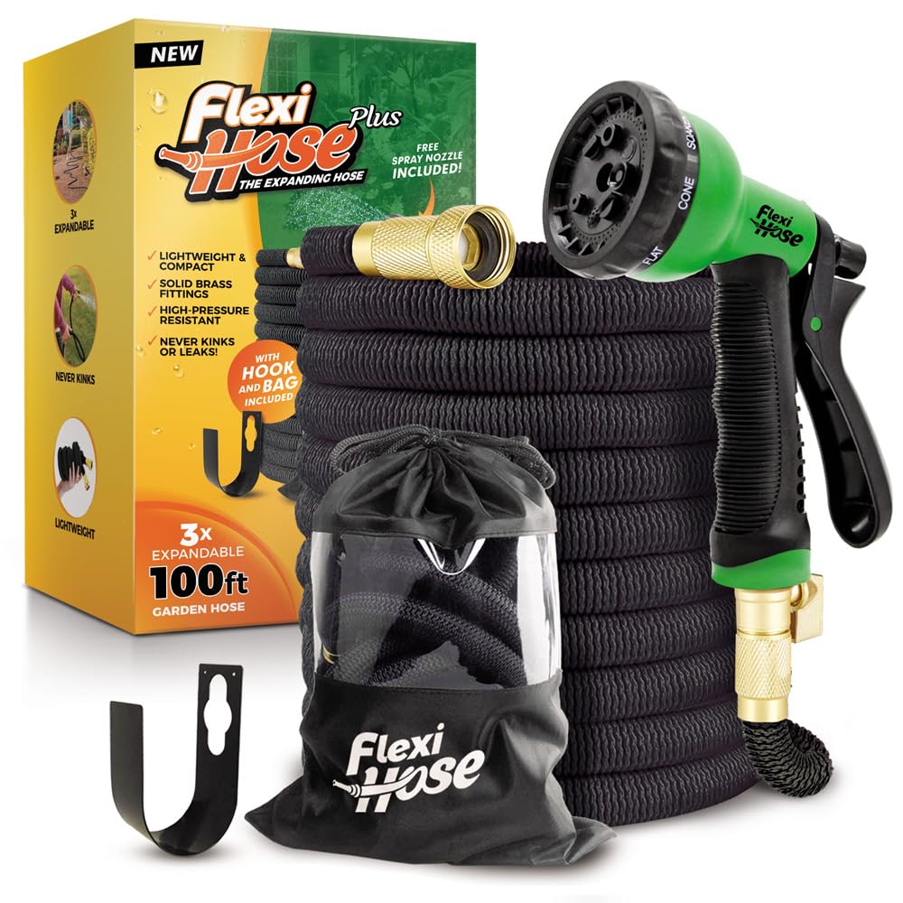 Flexi Hose PLUS with 8 Function Nozzle Expandable Garden Hose, Lightweight & No-Kink Flexible Garden Hose, 3/4 inch Solid Brass Fittings and Double Latex Core, 100 ft Black