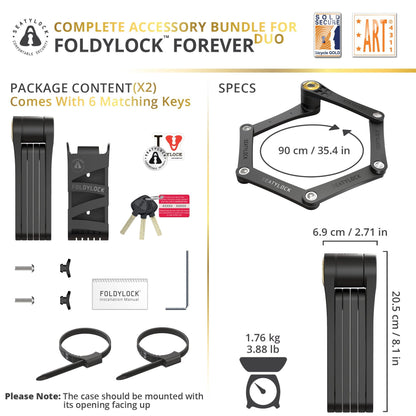Seatylock FoldyLock Forever Folding Bike Lock Set - Patented 2 Matching Bicycle Locks with 6 Identical Keys - 18/18 Heavy Duty Anti Theft Secure Guard with Keys & Case Mount - 35.4"