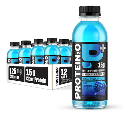 Protein2o 15g Whey Protein Isolate Hydration Drink Plus Energy & Focus, 350mg of Electrolytes, 125mg of Caffeine, Sugar Free, Blue Raspberry, 16.9 oz Bottle (Pack of 12)