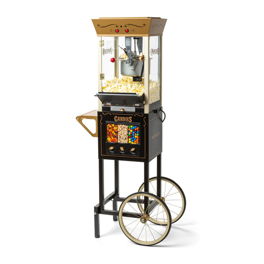 Nostalgia Vintage 8 Ounce Professional Popcorn and Dispensing Cart, Makes Up to 32 Cups, Three Storage Dispensers for Kernels, Candy, Nuts, Chocolate, Measuring Spoons and Scoop Included