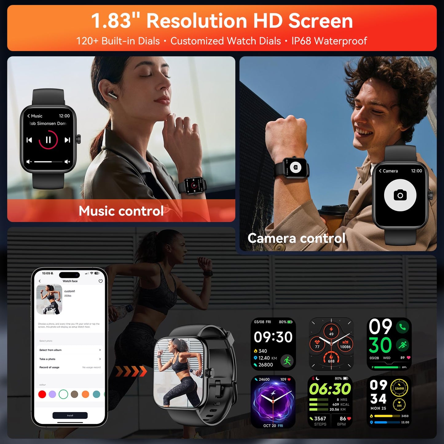 ‌Smart Watch with Alexa Built-in, 1.83" HD Touchscreen, Bluetooth Calling, Fitness Tracker, Running Coach, Sleep Coaching, 120+ Sport Modes, IP68 Waterproof, Heart Rate for iPhone Android (Black)