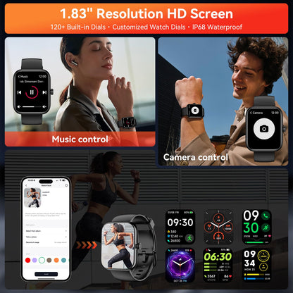 ‌Smart Watch with Alexa Built-in, 1.83" HD Touchscreen, Bluetooth Calling, Fitness Tracker, Running Coach, Sleep Coaching, 120+ Sport Modes, IP68 Waterproof, Heart Rate for iPhone Android (Black)