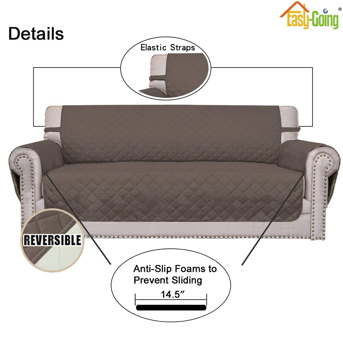 Easy-Going Reversible Couch Cover for 3 Cushion Couch Sofa Cover for Dogs Water Resistant Furniture Protector Cover with Foam Sticks Elastic Straps for Pet Cat (Sofa, Taupe/Ivory)