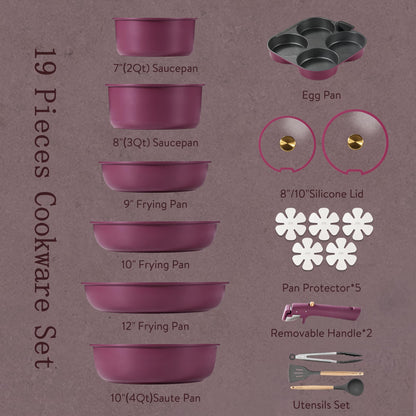 CAROTE 19pcs Pots and Pans Set, Nonstick Cookware Set Detachable Handle, Induction Kitchen Cookware Sets Non Stick with Removable Handle, RV Cookware Set, Gold and Purple