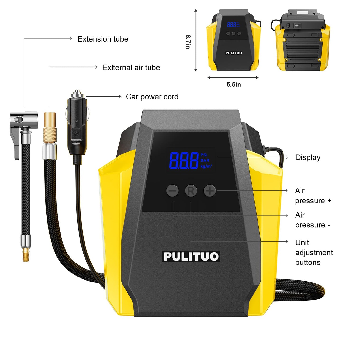 PULITUO Tire Inflator Portable Air Compressor - Car Accessories 12V DC Air Pump for Car Tires with Digital Pressure Gauge, Emergency LED Light for Wheel, Bike, Ball, Motor