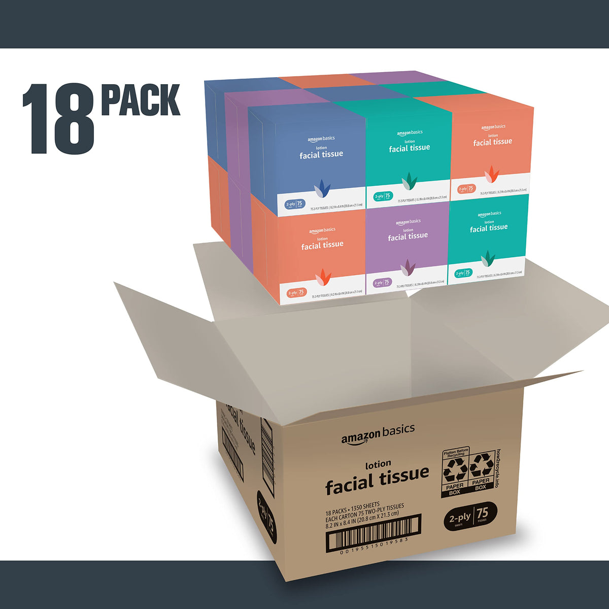Amazon Basics Facial Tissue with Lotion, 2-Ply, 1350 Count (18 Packs of 75), (Packaging May Vary)