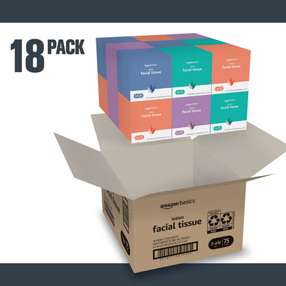Amazon Basics Facial Tissue with Lotion, 2-Ply, 1350 Count (18 Packs of 75), (Packaging May Vary)