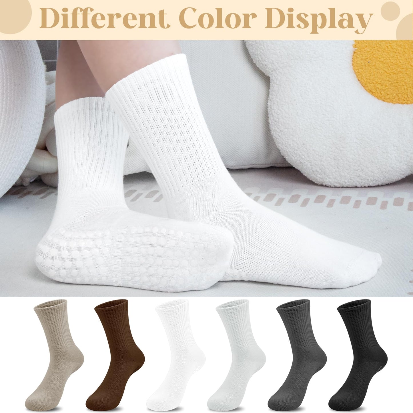 Justay 6 Pairs Pilates Socks with Grips for Women Soft Non Slip Crew Cotton Athletic Workout Barre Hospital Yoga Socks