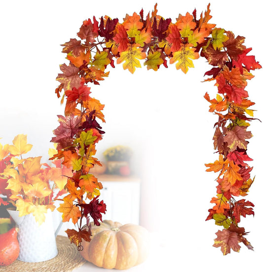 Fall Leaves Garland, 2 Pack Artificial Fall Garland Maple Leaf 5.9Ft/Pieces Fall Decor Autumn Thanksgiving Decor Easy Hanging for Mantel & Table (Red)