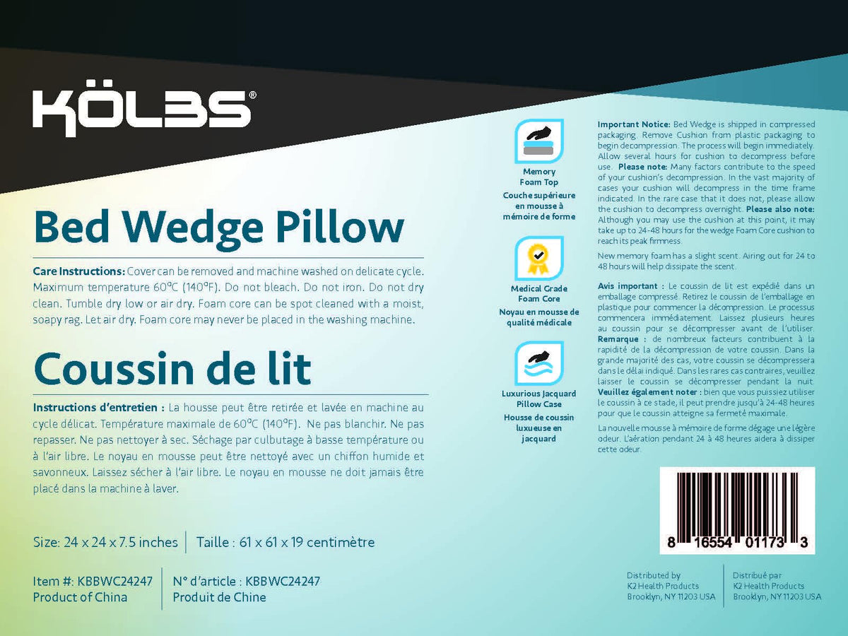 Kölbs Bed Wedge Pillow for Sleep Apnea, Sleeping Comfort, Relaxing, Acid Reflux, Heartburn and Back Pain Relief. Cushion for Sitting Up in Bed. Memory Foam Top, Chic Jacquard Washable Cover.