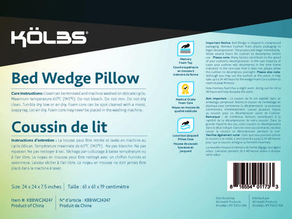 Kölbs Bed Wedge Pillow for Sleep Apnea, Sleeping Comfort, Relaxing, Acid Reflux, Heartburn and Back Pain Relief. Cushion for Sitting Up in Bed. Memory Foam Top, Chic Jacquard Washable Cover.