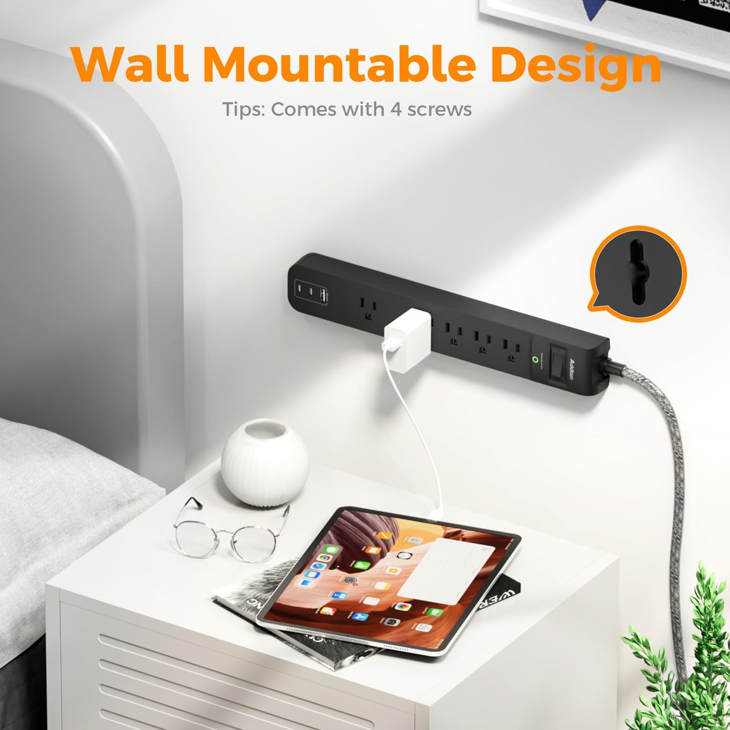 2 Pack Power Strip Surge Protector - 5 Widely Spaced Outlets 3 USB Charging Ports, 1875W/15A 6Ft Braided Extension Cord, Flat Plug Overload Protection, Wall Mount for Home Office Dorm Room Essentials