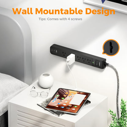 2 Pack Power Strip Surge Protector - 5 Widely Spaced Outlets 3 USB Charging Ports, 1875W/15A 6Ft Braided Extension Cord, Flat Plug Overload Protection, Wall Mount for Home Office Dorm Room Essentials