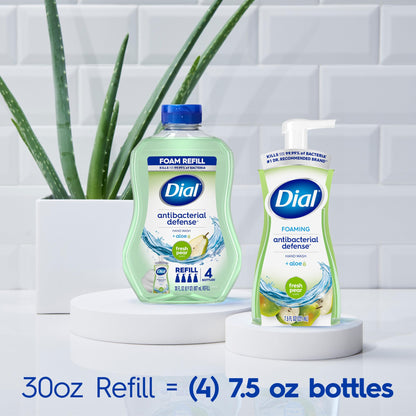 Dial Antibacterial Defense Foaming Hand Soap + Aloe, Fresh Pear Scent, 30 Fl Oz Hand Soap Refill (Pack of 4), Dermatologist-Tested, Gentle on Skin