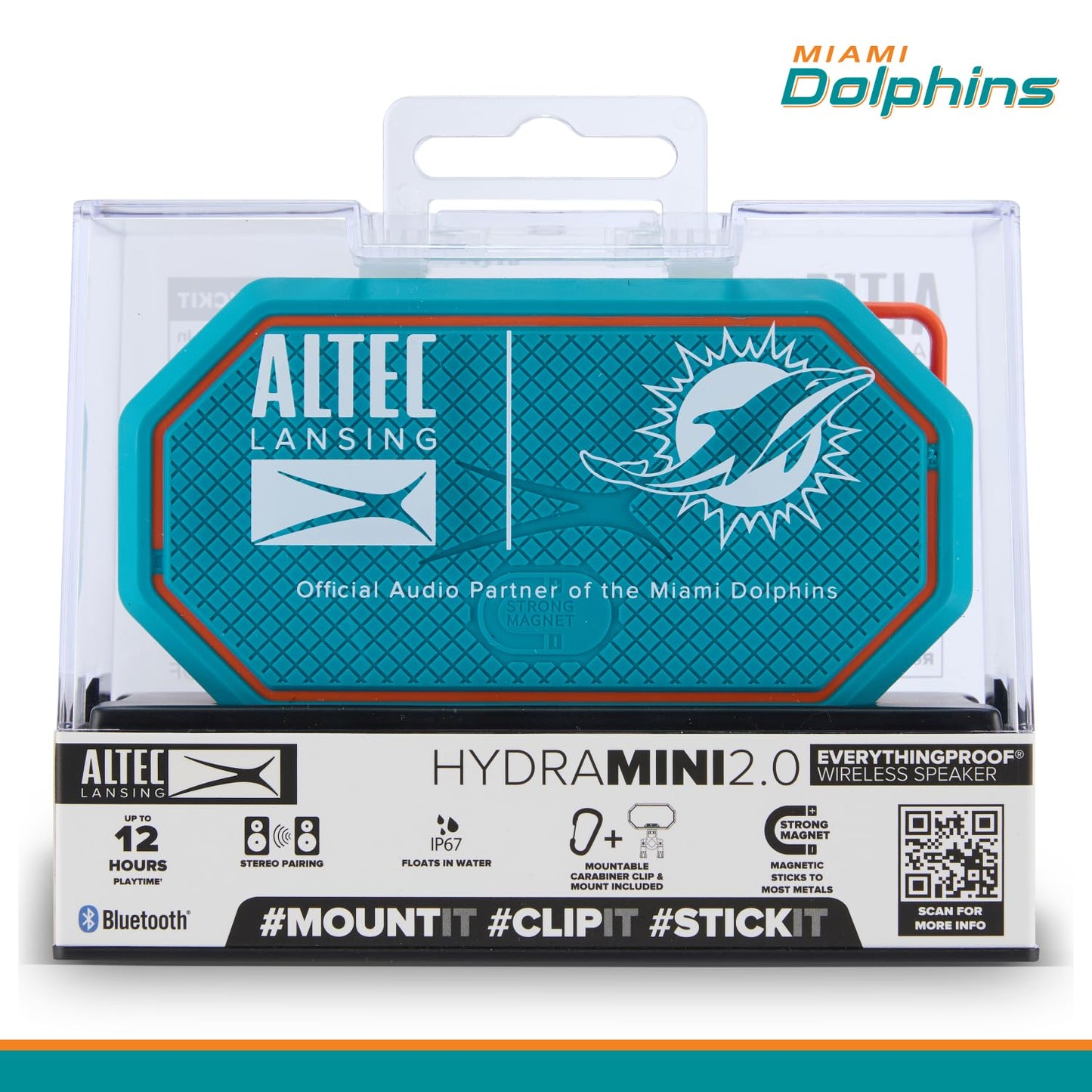 Altec Lansing x Miami Dolphins - Portable Bluetooth Speaker HYDRAMINI 2.0, IP67 Waterproof, 8W Output, 12h Playtime, USB-C Quick Charge, Voice Assistant Integration (Miami Dolphins)