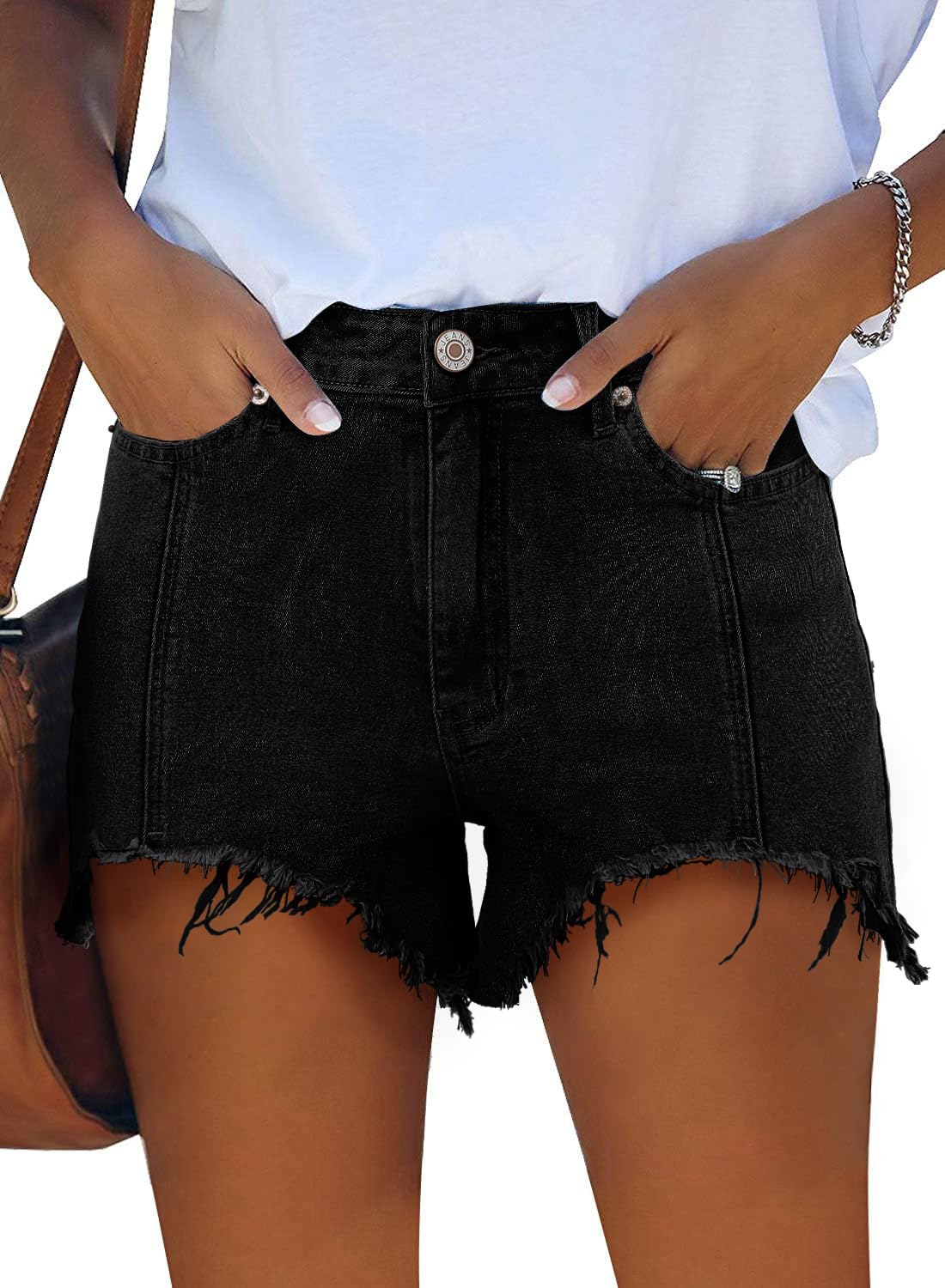 Women Casual Jean Shorts 2025 Trendy Boyfriend High Waisted Denim Shorts Stretchy Frayed Dress Shorts for Summer（Black,M）